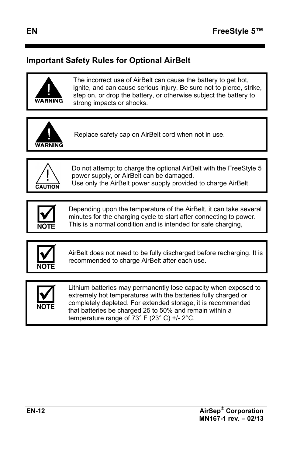 Freestyle 5, Important safety rules for optional airbelt | AirSep MN167-1 User Manual | Page 208 / 520