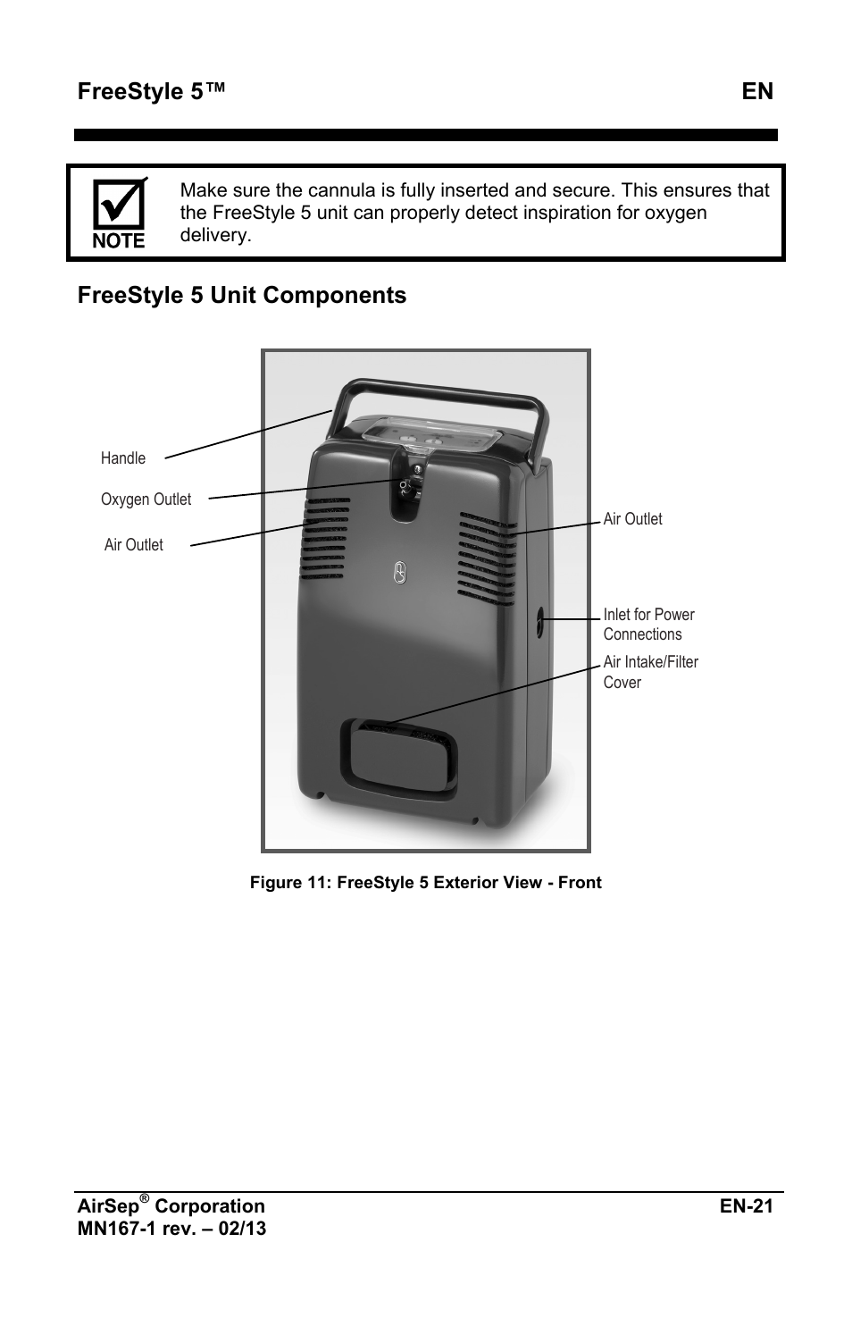 Freestyle 5™ en, Freestyle 5 unit components | AirSep MN167-1 User Manual | Page 217 / 520