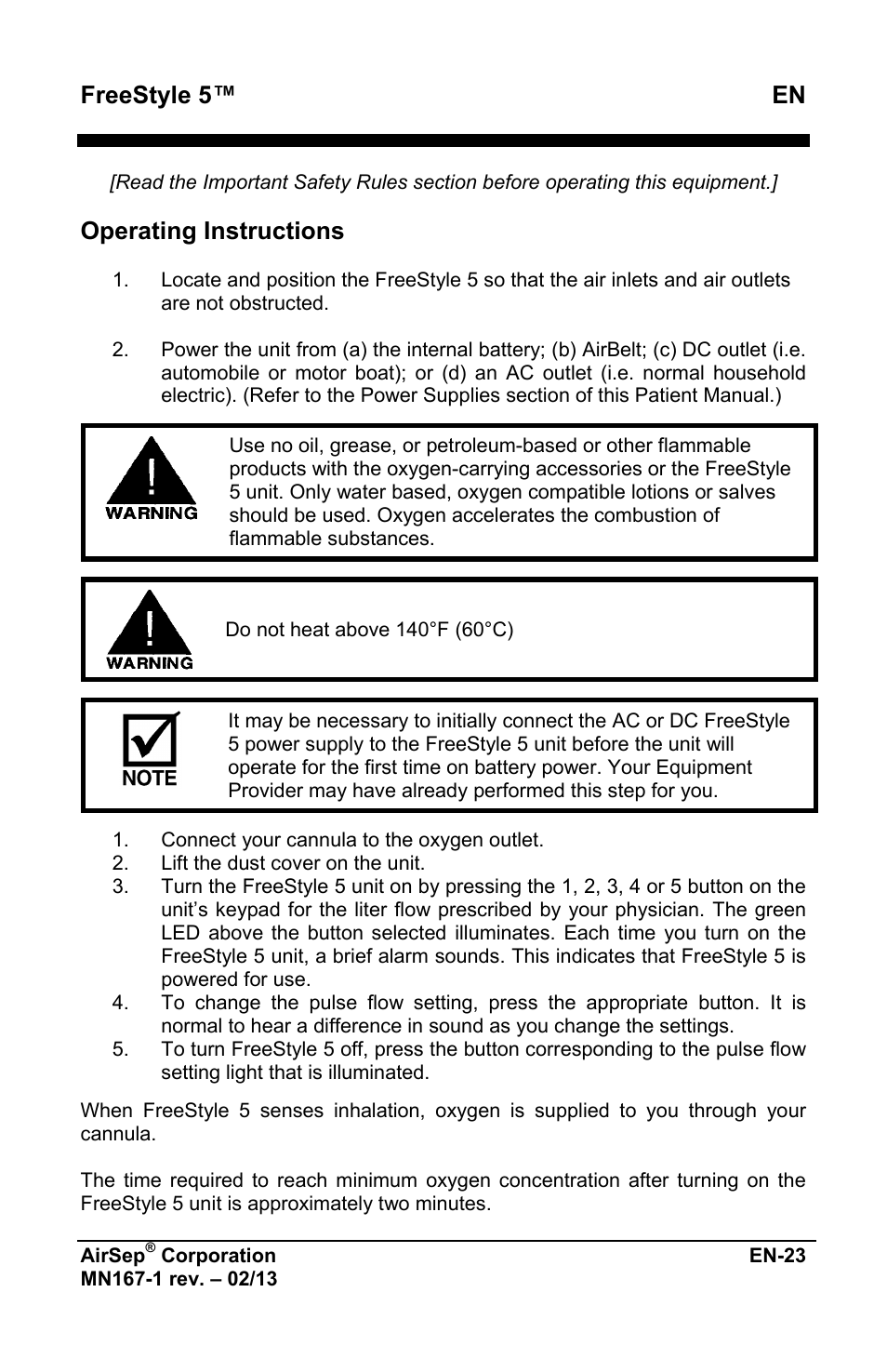 Freestyle 5™ en, Operating instructions | AirSep MN167-1 User Manual | Page 219 / 520