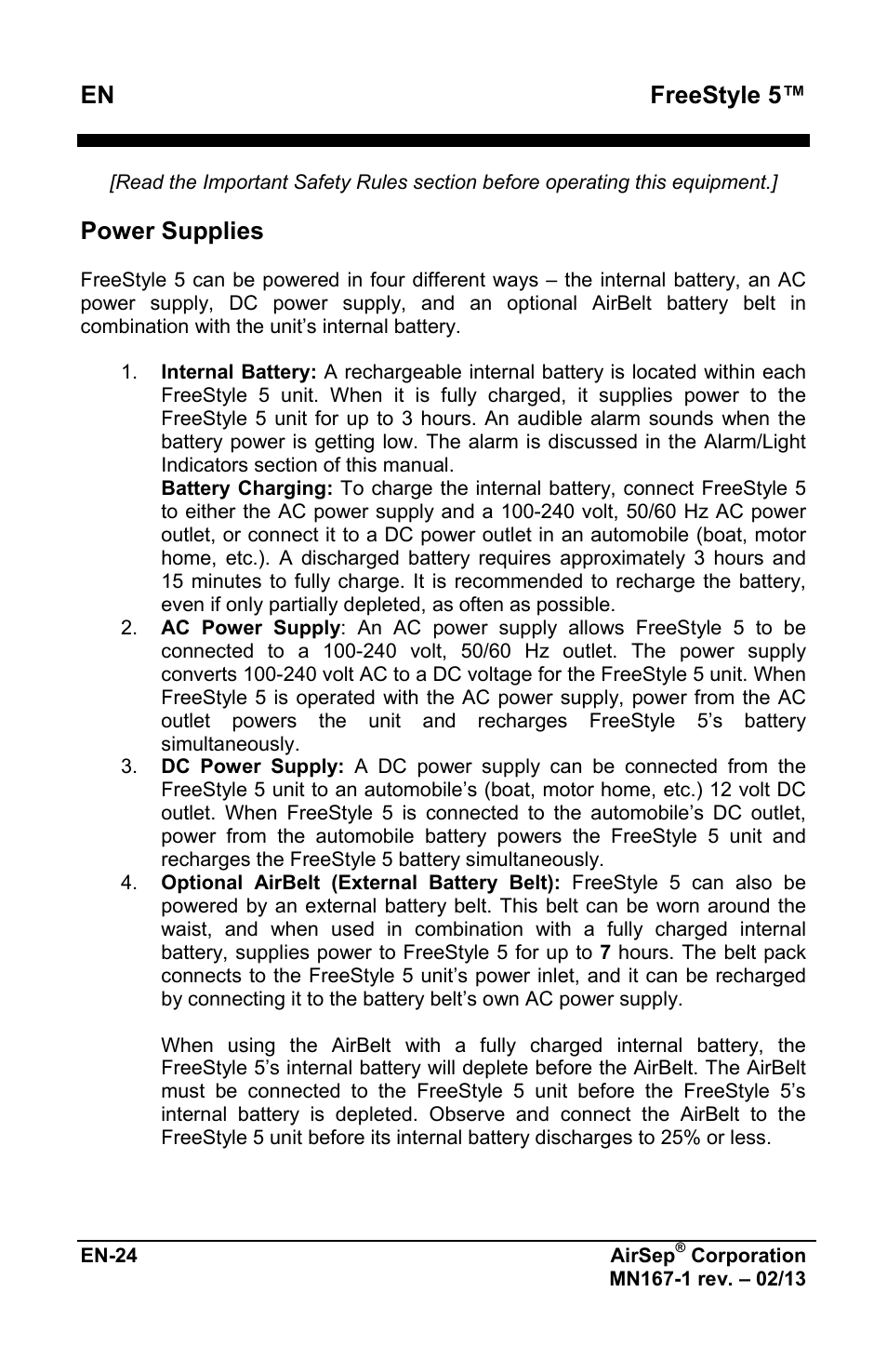 Freestyle 5, Power supplies | AirSep MN167-1 User Manual | Page 220 / 520