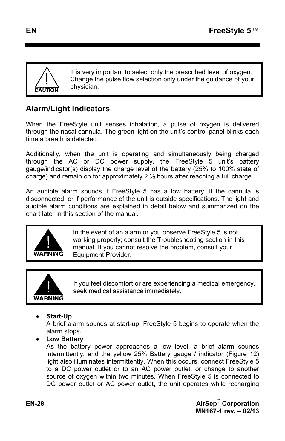 Freestyle 5, Alarm/light indicators | AirSep MN167-1 User Manual | Page 224 / 520