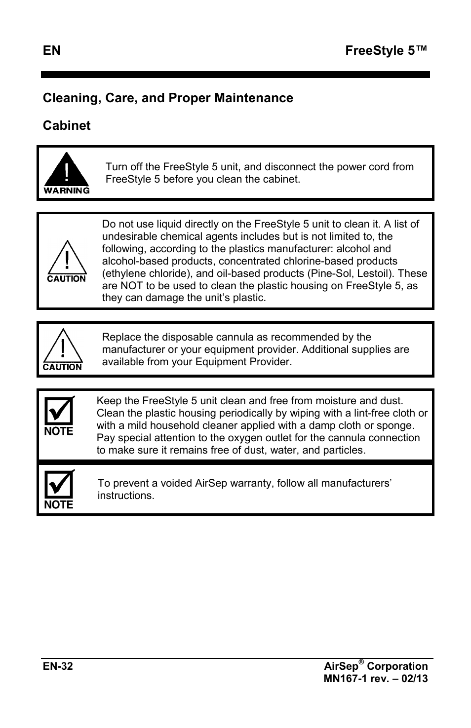 Freestyle 5, Cleaning, care, and proper maintenance, Cabinet | AirSep MN167-1 User Manual | Page 228 / 520