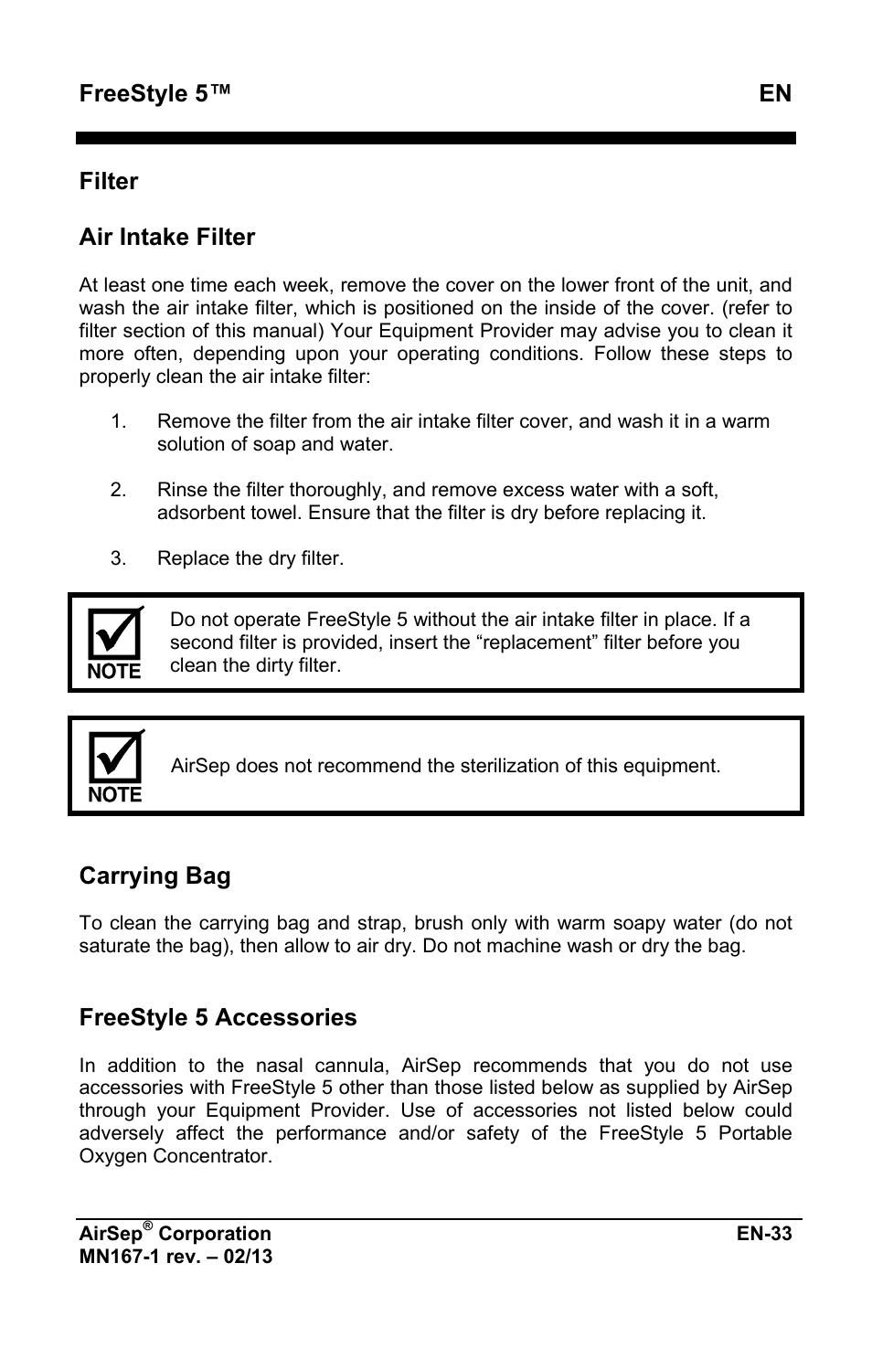 Freestyle 5™ en, Filter air intake filter, Carrying bag | Freestyle 5 accessories | AirSep MN167-1 User Manual | Page 229 / 520