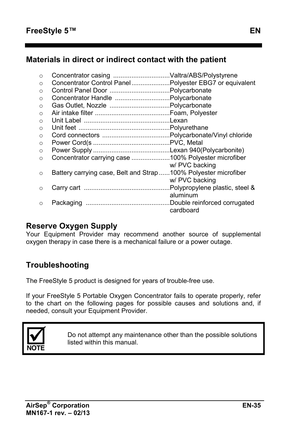Freestyle 5™ en, Reserve oxygen supply, Troubleshooting | AirSep MN167-1 User Manual | Page 231 / 520