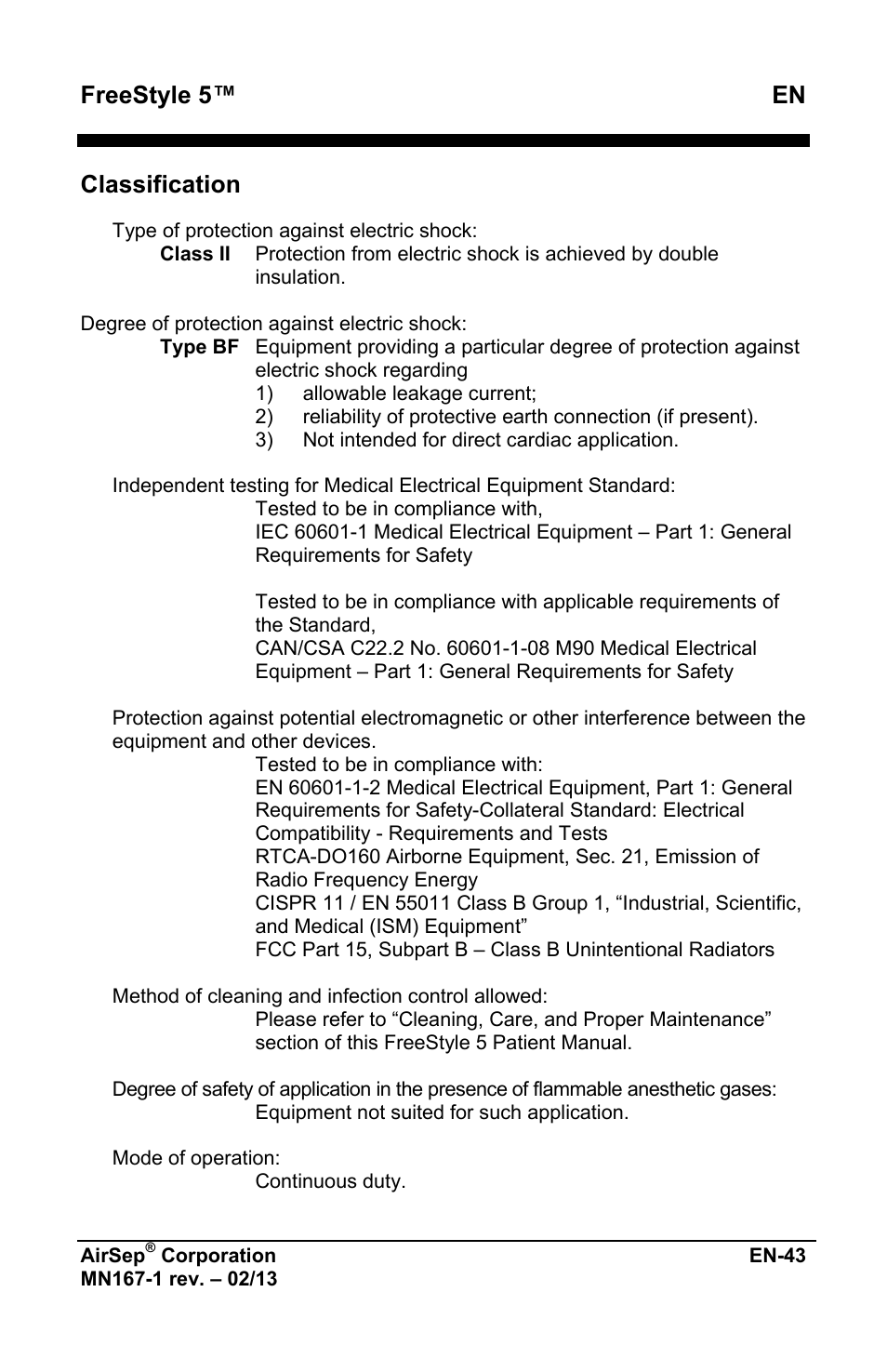 Freestyle 5™ en, Classification | AirSep MN167-1 User Manual | Page 239 / 520