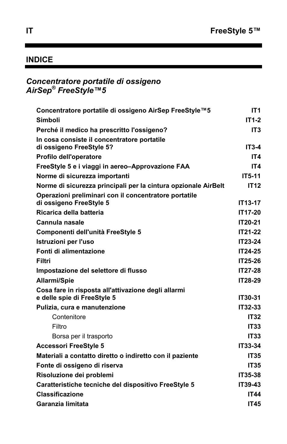 It freestyle 5, Indice, Concentratore portatile di ossigeno airsep | Freestyle™5 | AirSep MN167-1 User Manual | Page 242 / 520