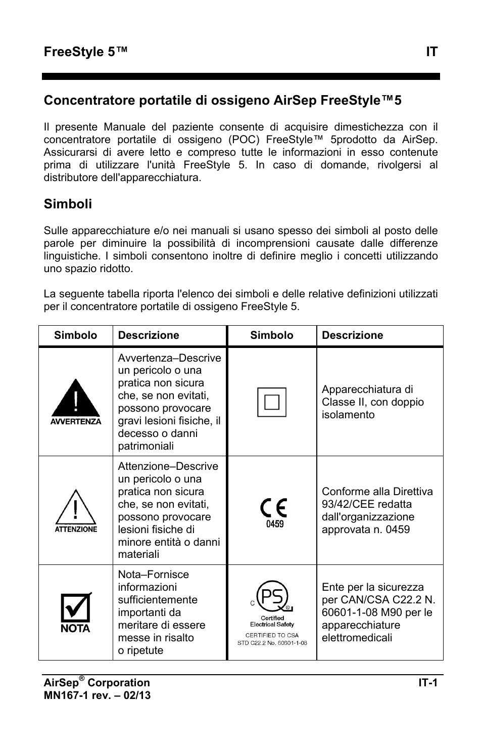 Freestyle 5™ it, Simboli | AirSep MN167-1 User Manual | Page 243 / 520