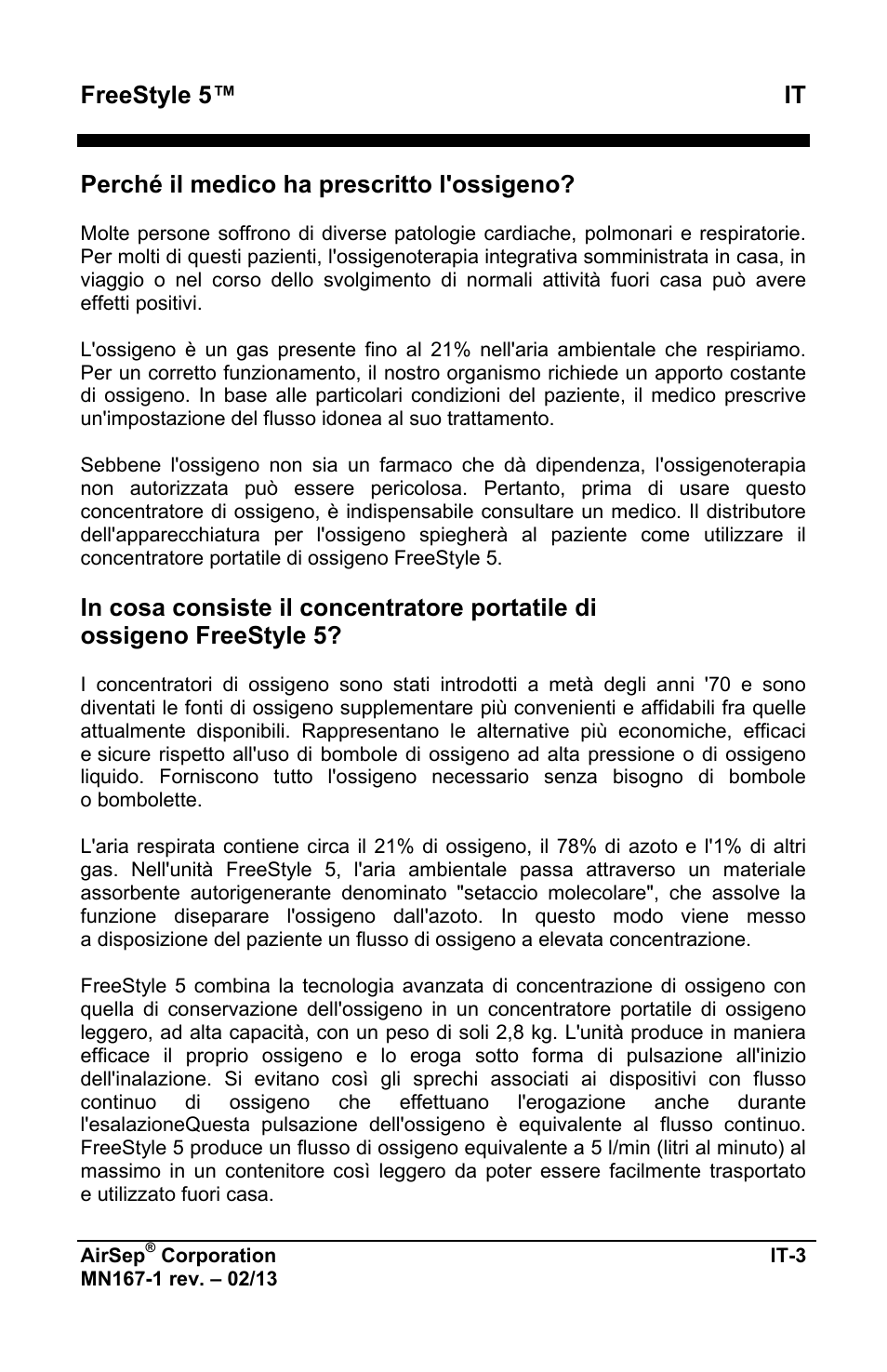 Freestyle 5™ it, Perché il medico ha prescritto l'ossigeno | AirSep MN167-1 User Manual | Page 245 / 520