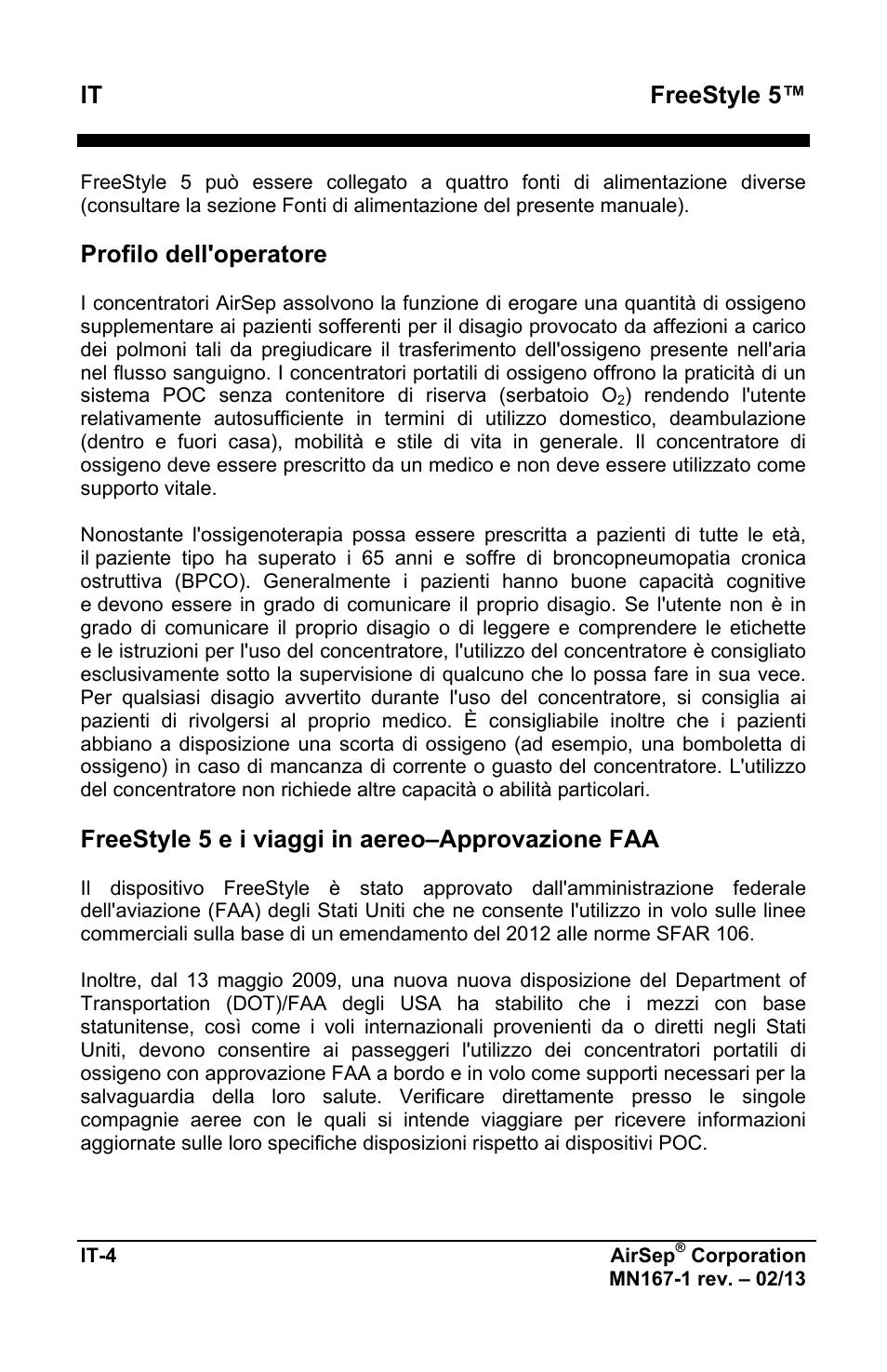It freestyle 5, Profilo dell'operatore, Freestyle 5 e i viaggi in aereo–approvazione faa | AirSep MN167-1 User Manual | Page 246 / 520