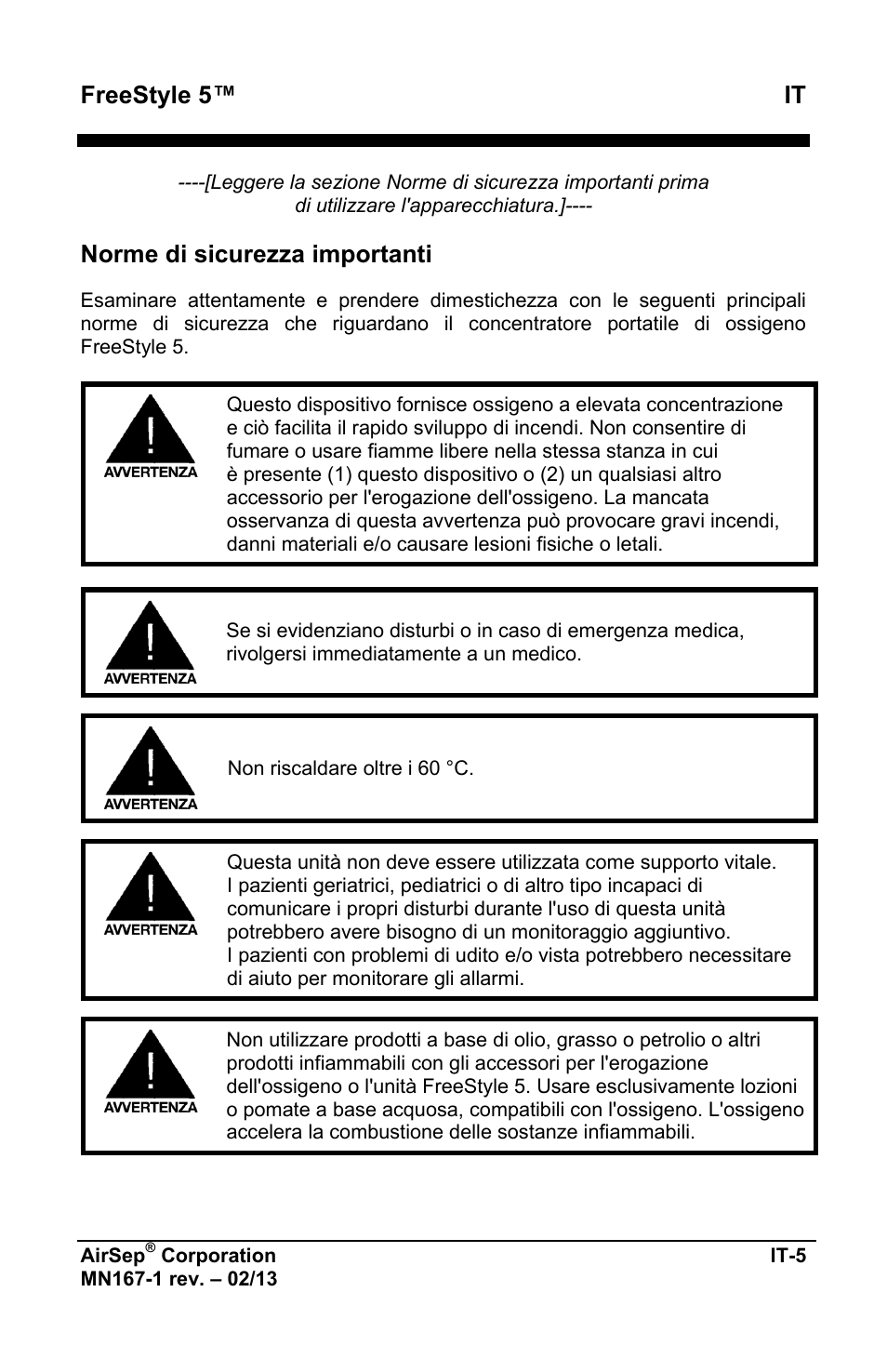 Freestyle 5™ it, Norme di sicurezza importanti | AirSep MN167-1 User Manual | Page 247 / 520