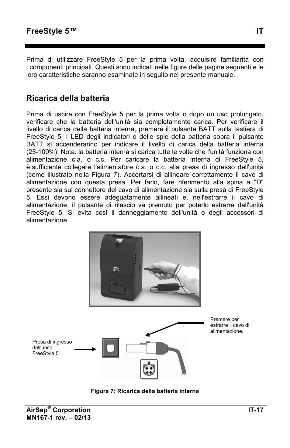 Freestyle 5™ it, Ricarica della batteria | AirSep MN167-1 User Manual | Page 259 / 520