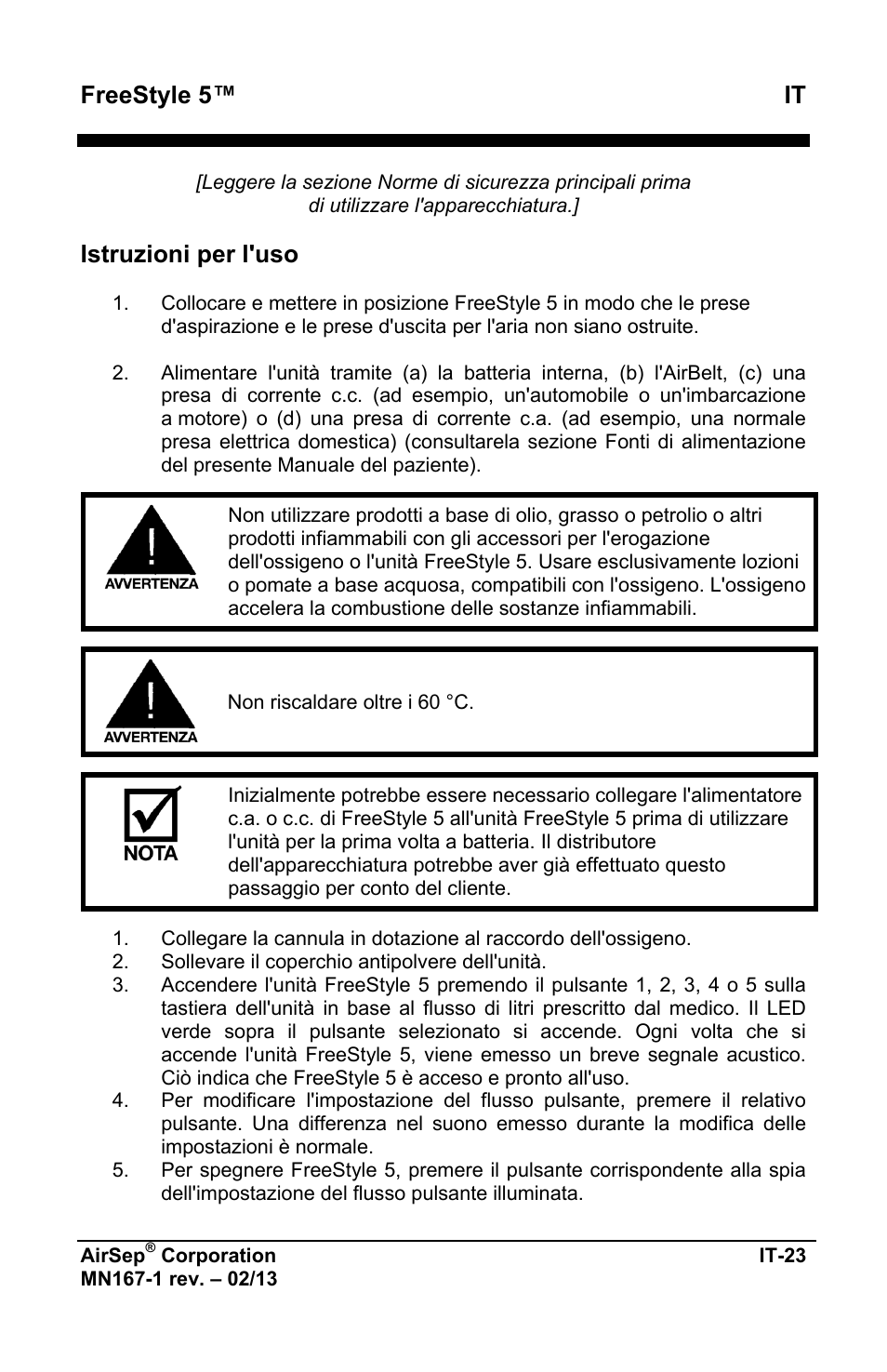 Freestyle 5™ it, Istruzioni per l'uso | AirSep MN167-1 User Manual | Page 265 / 520