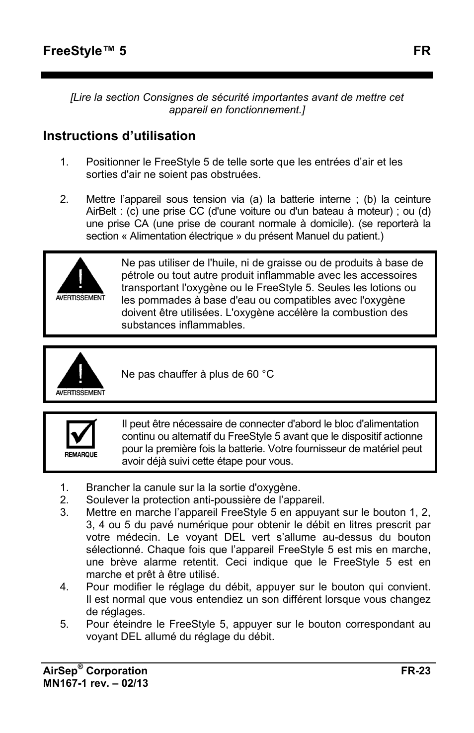 Freestyle™ 5 fr, Instructions d’utilisation | AirSep MN167-1 User Manual | Page 27 / 520