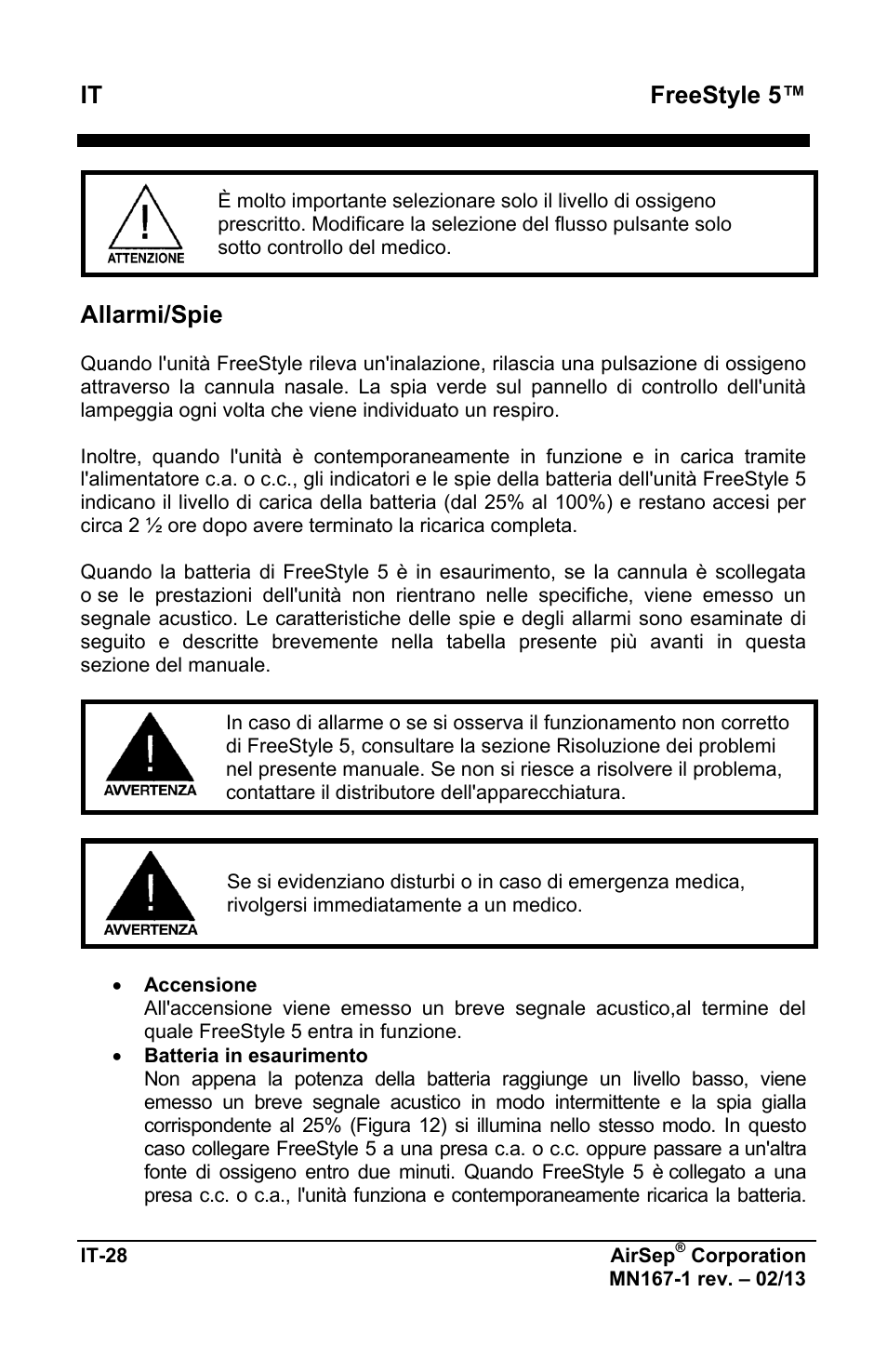 It freestyle 5, Allarmi/spie | AirSep MN167-1 User Manual | Page 270 / 520