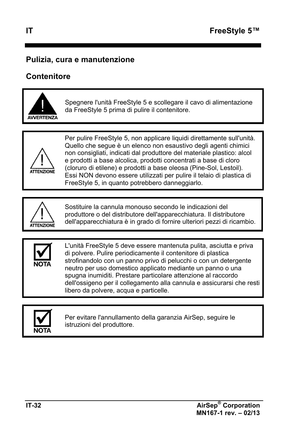 It freestyle 5, Pulizia, cura e manutenzione, Contenitore | AirSep MN167-1 User Manual | Page 274 / 520