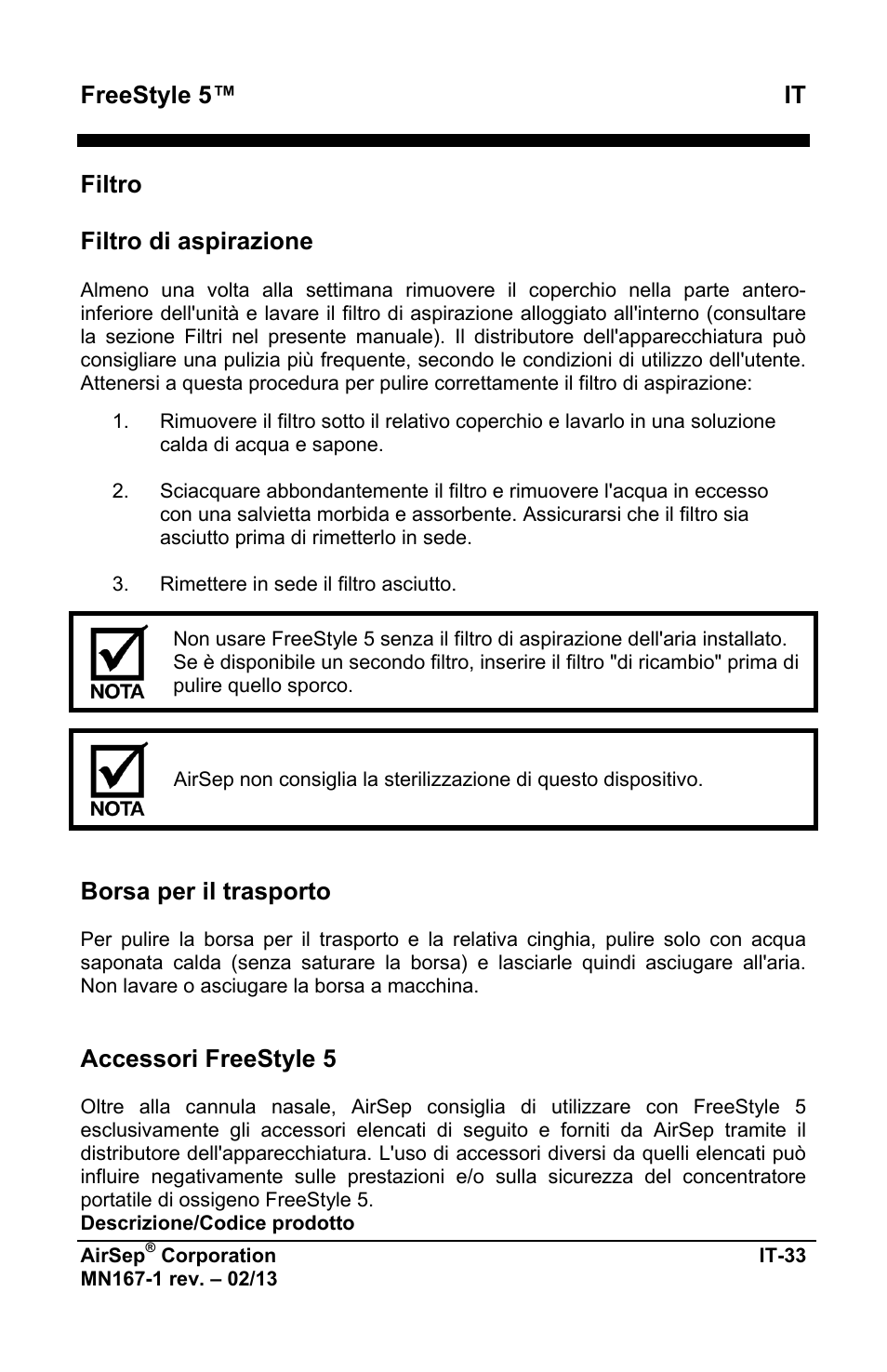 Freestyle 5™ it, Filtro filtro di aspirazione, Borsa per il trasporto | Accessori freestyle 5 | AirSep MN167-1 User Manual | Page 275 / 520