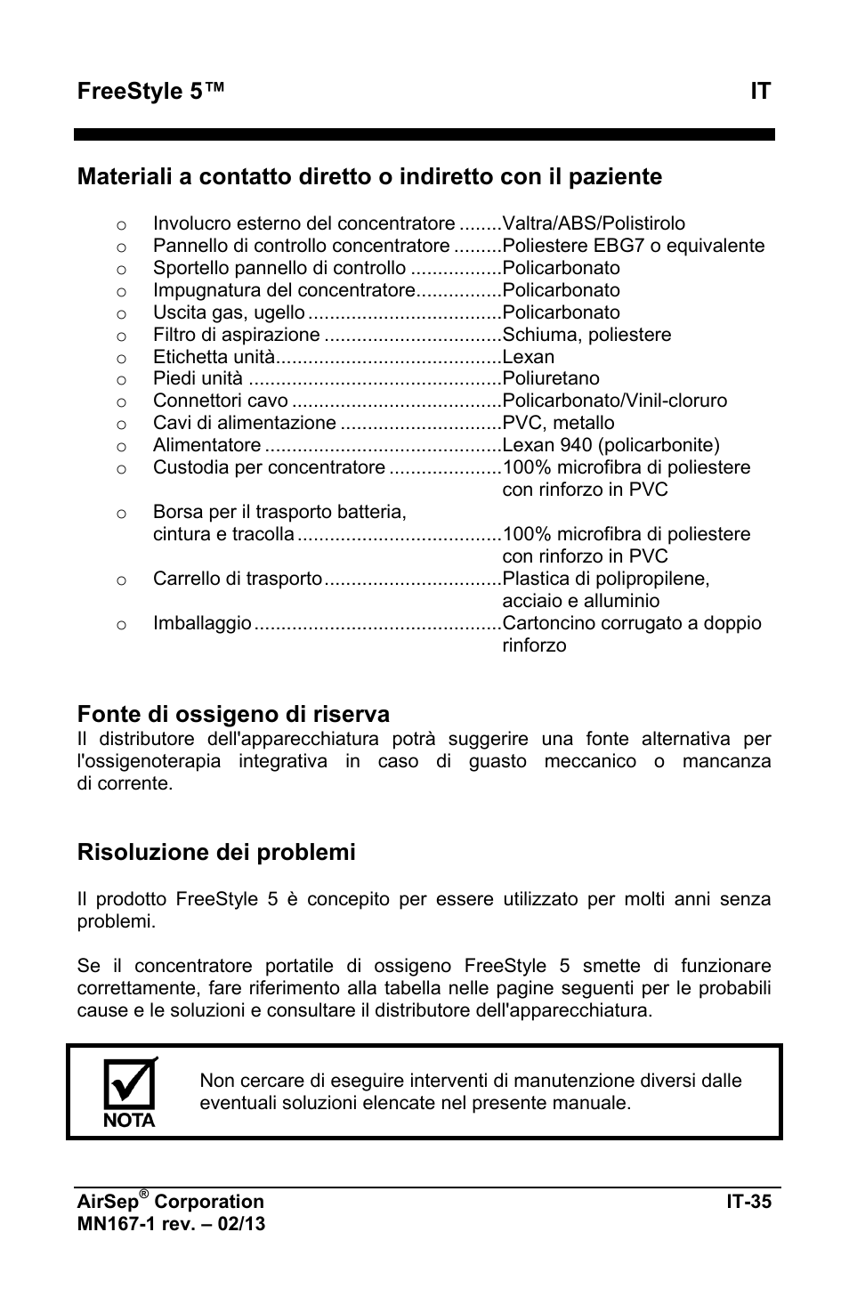 Freestyle 5™ it, Fonte di ossigeno di riserva, Risoluzione dei problemi | AirSep MN167-1 User Manual | Page 277 / 520