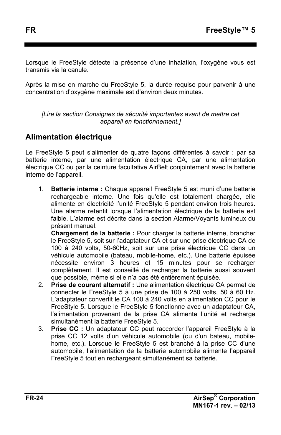 Fr freestyle™ 5, Alimentation électrique | AirSep MN167-1 User Manual | Page 28 / 520