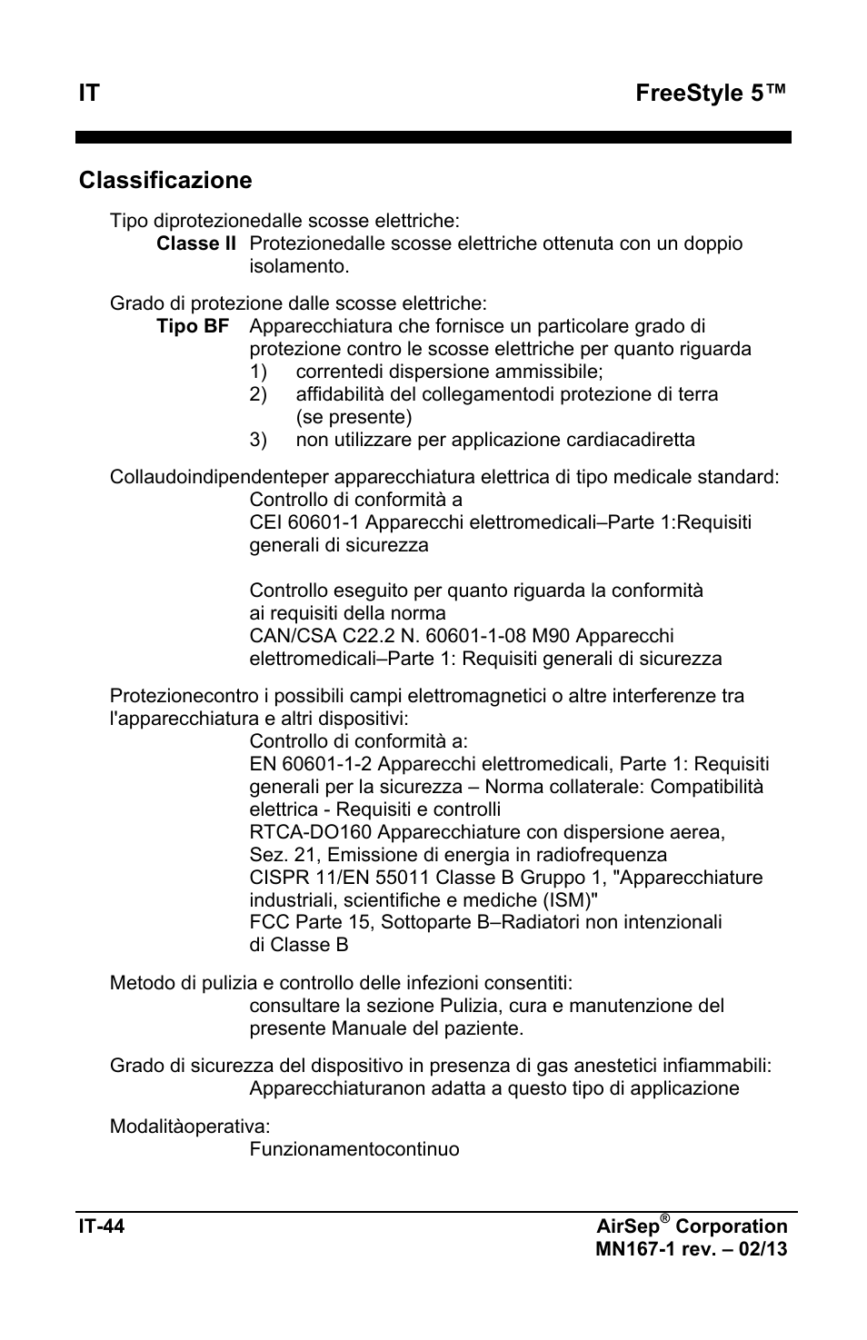 It freestyle 5, Classificazione | AirSep MN167-1 User Manual | Page 286 / 520