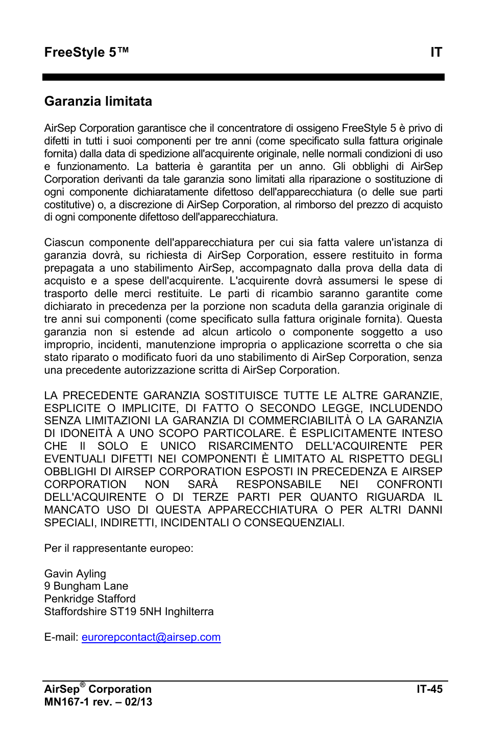 Freestyle 5™ it, Garanzia limitata | AirSep MN167-1 User Manual | Page 287 / 520