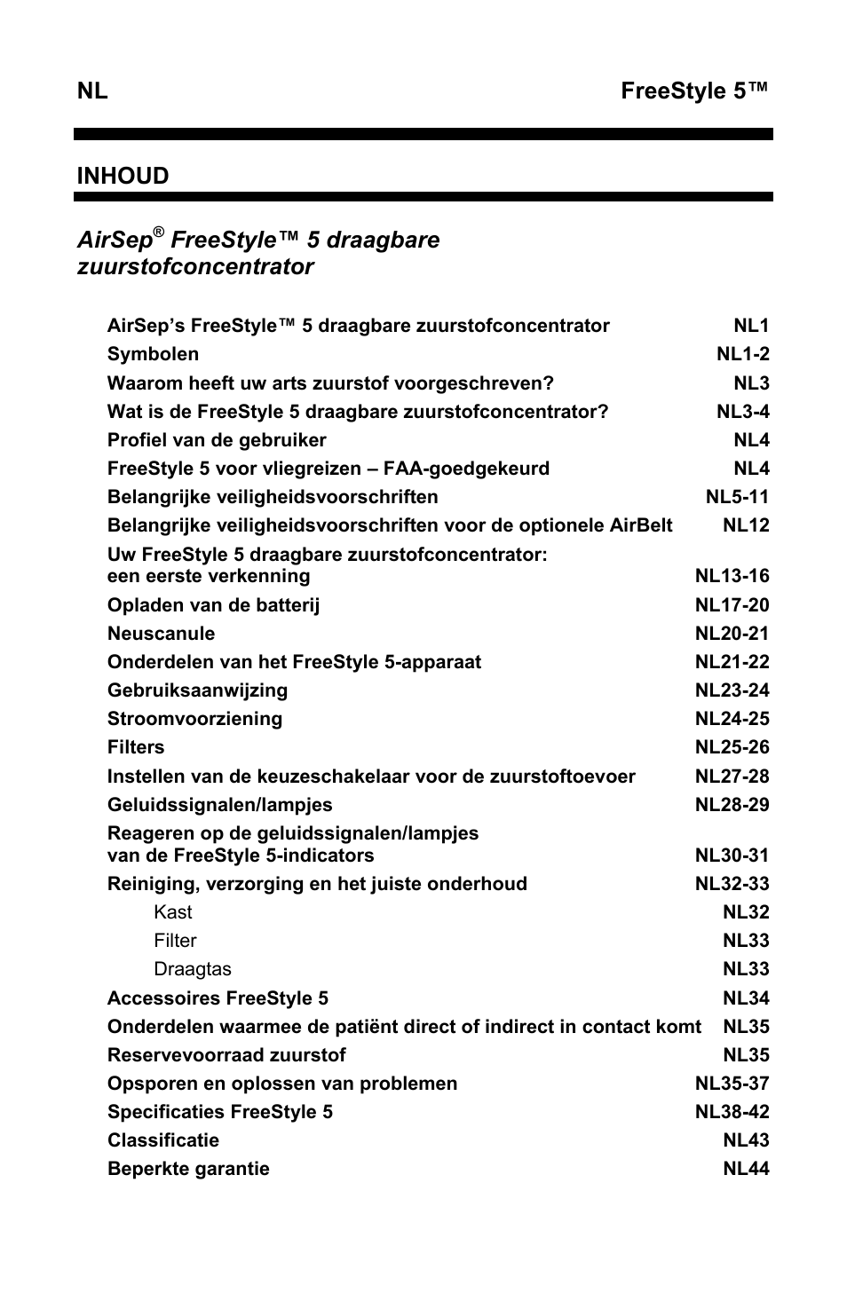 Freestyle 5, Inhoud, Airsep | Freestyle™ 5 draagbare zuurstofconcentrator | AirSep MN167-1 User Manual | Page 290 / 520