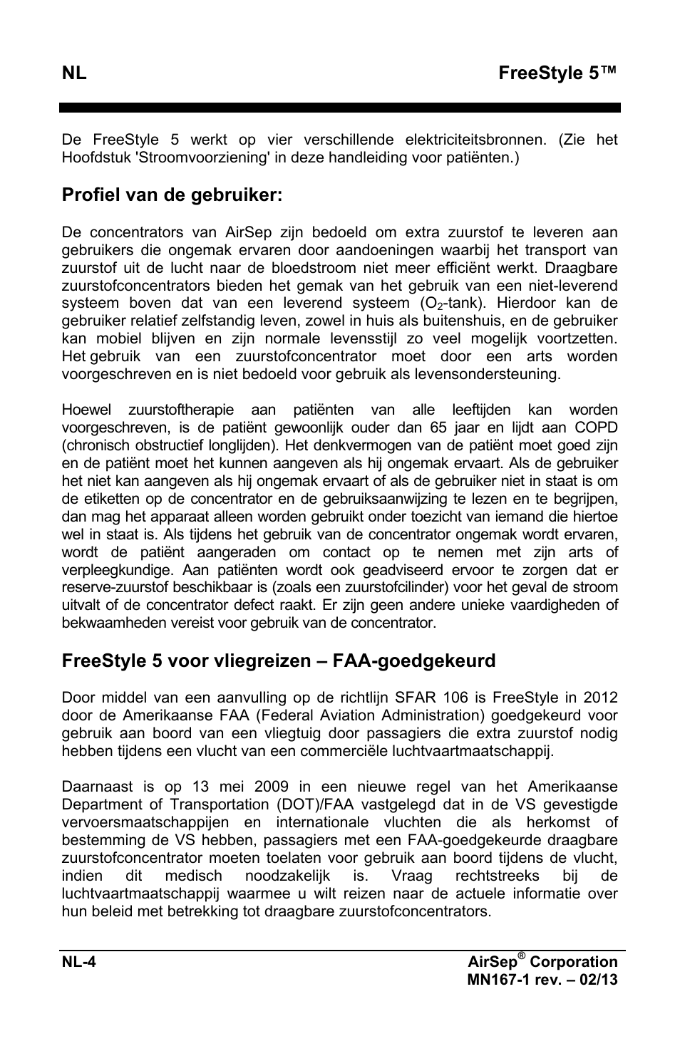 Freestyle 5, Profiel van de gebruiker, Freestyle 5 voor vliegreizen – faa-goedgekeurd | AirSep MN167-1 User Manual | Page 294 / 520