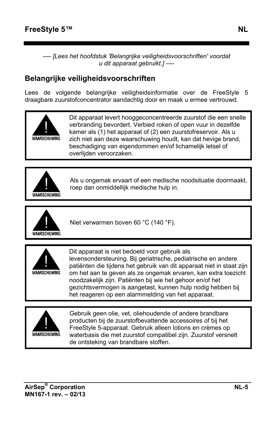 Freestyle 5™ nl, Belangrijke veiligheidsvoorschriften | AirSep MN167-1 User Manual | Page 295 / 520