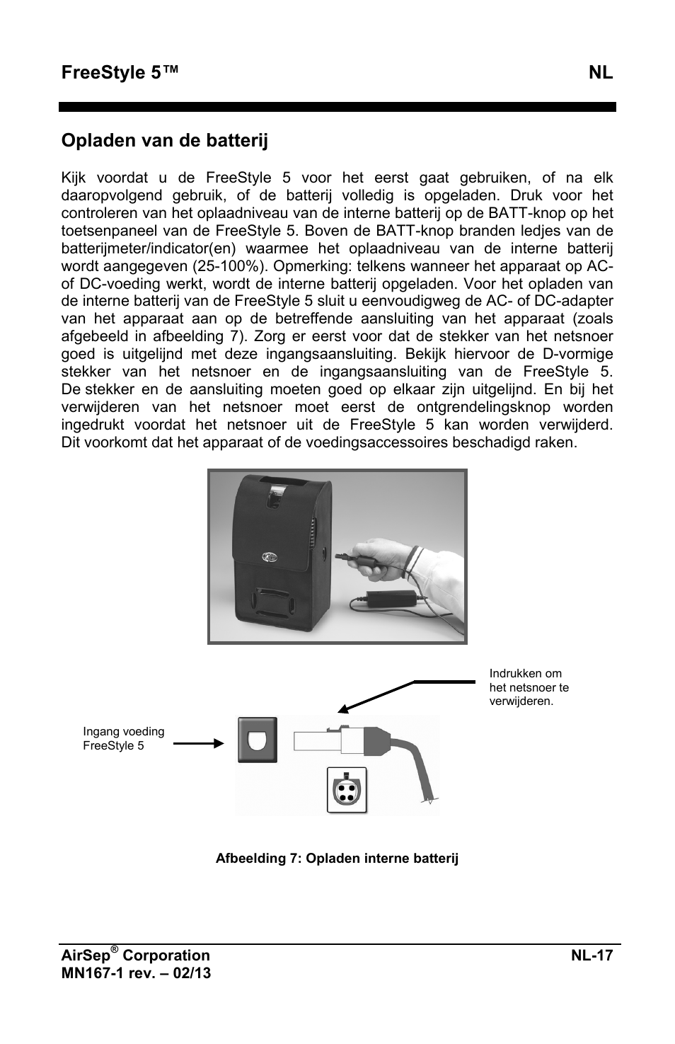 Freestyle 5™ nl, Opladen van de batterij | AirSep MN167-1 User Manual | Page 307 / 520