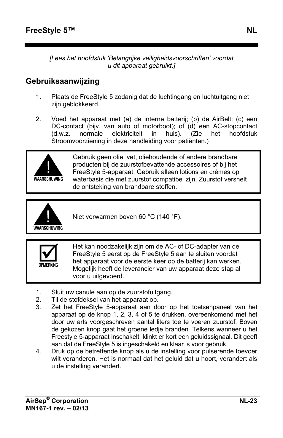 Freestyle 5™ nl, Gebruiksaanwijzing | AirSep MN167-1 User Manual | Page 313 / 520