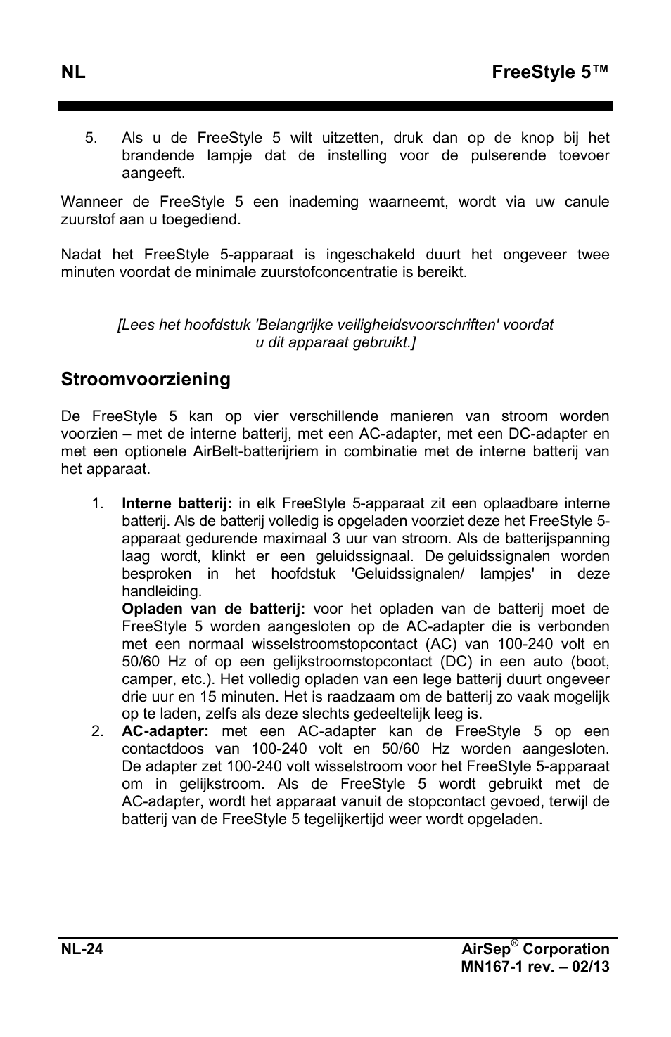 Freestyle 5, Stroomvoorziening | AirSep MN167-1 User Manual | Page 314 / 520