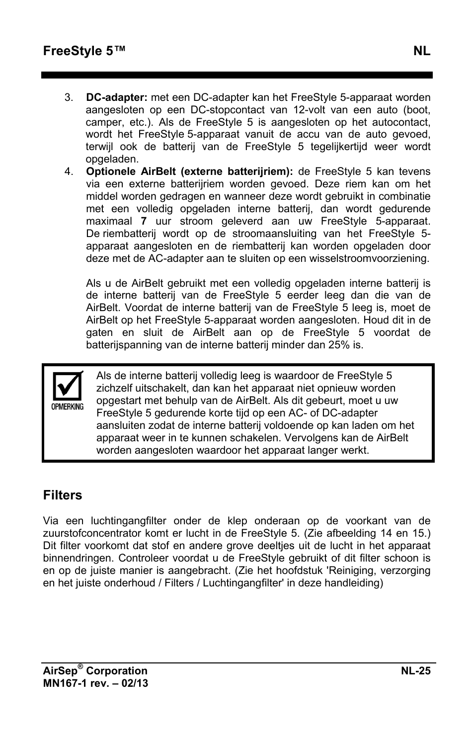 Freestyle 5™ nl, Filters | AirSep MN167-1 User Manual | Page 315 / 520