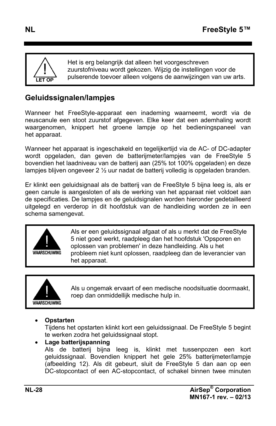 Freestyle 5, Geluidssignalen/lampjes | AirSep MN167-1 User Manual | Page 318 / 520