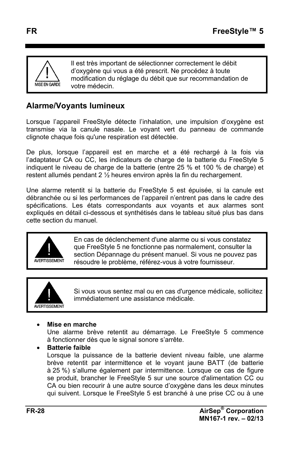 Fr freestyle™ 5, Alarme/voyants lumineux | AirSep MN167-1 User Manual | Page 32 / 520