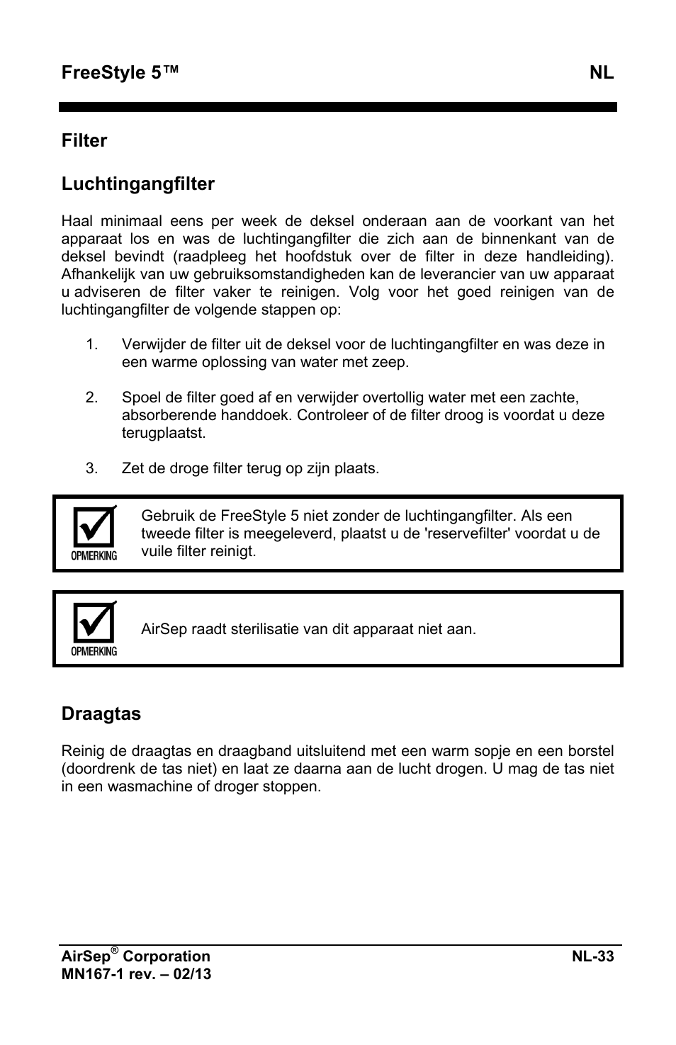 Freestyle 5™ nl, Filter luchtingangfilter, Draagtas | AirSep MN167-1 User Manual | Page 323 / 520