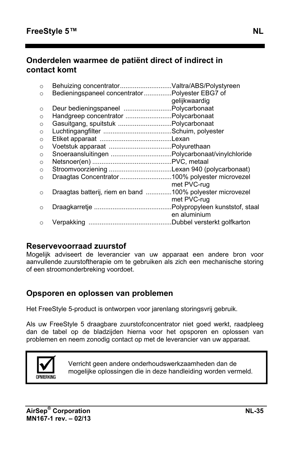 Freestyle 5™ nl, Reservevoorraad zuurstof, Opsporen en oplossen van problemen | AirSep MN167-1 User Manual | Page 325 / 520