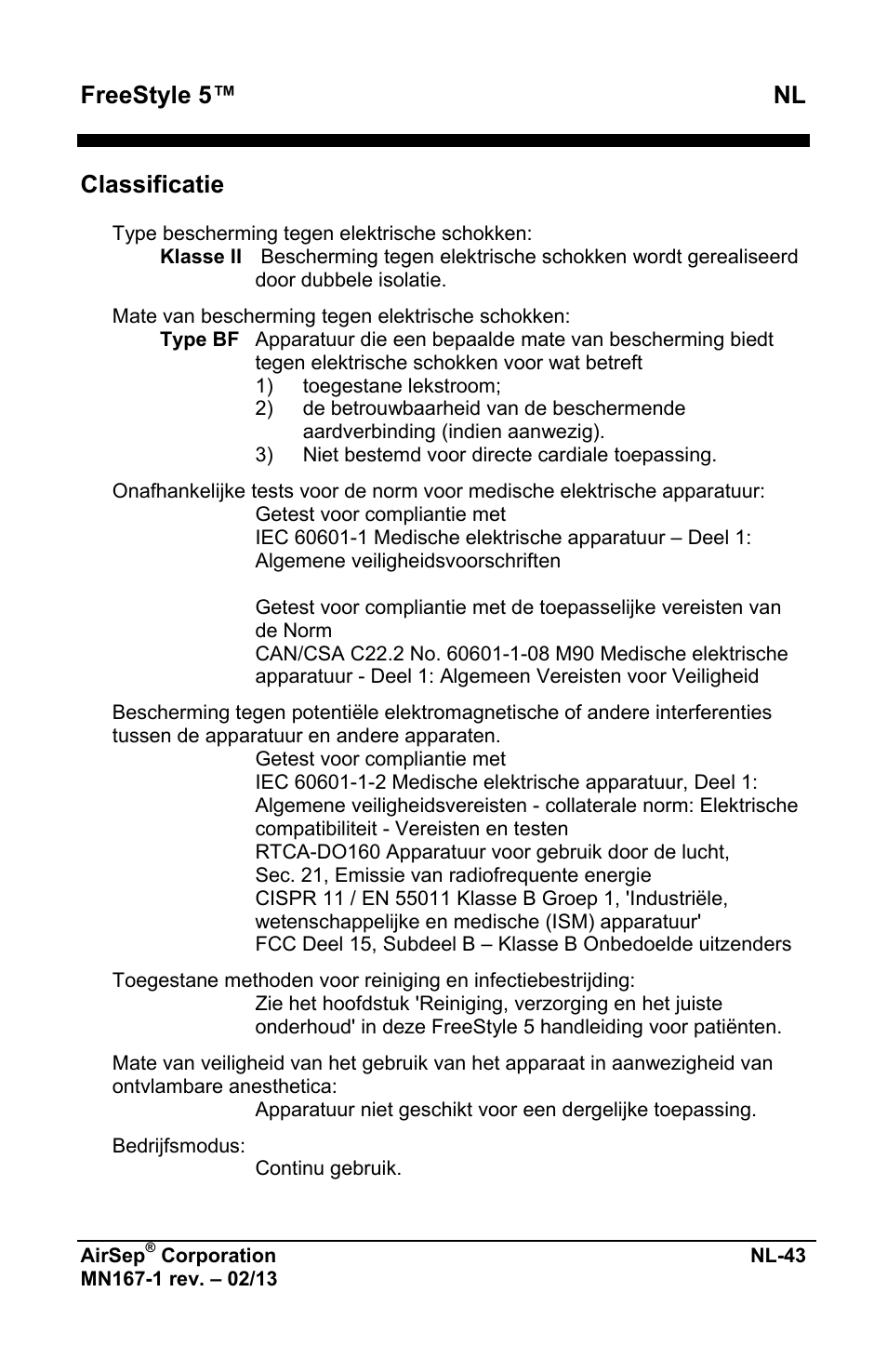 Freestyle 5™ nl, Classificatie | AirSep MN167-1 User Manual | Page 333 / 520