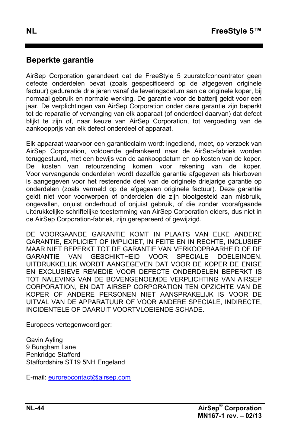 Freestyle 5, Beperkte garantie | AirSep MN167-1 User Manual | Page 334 / 520