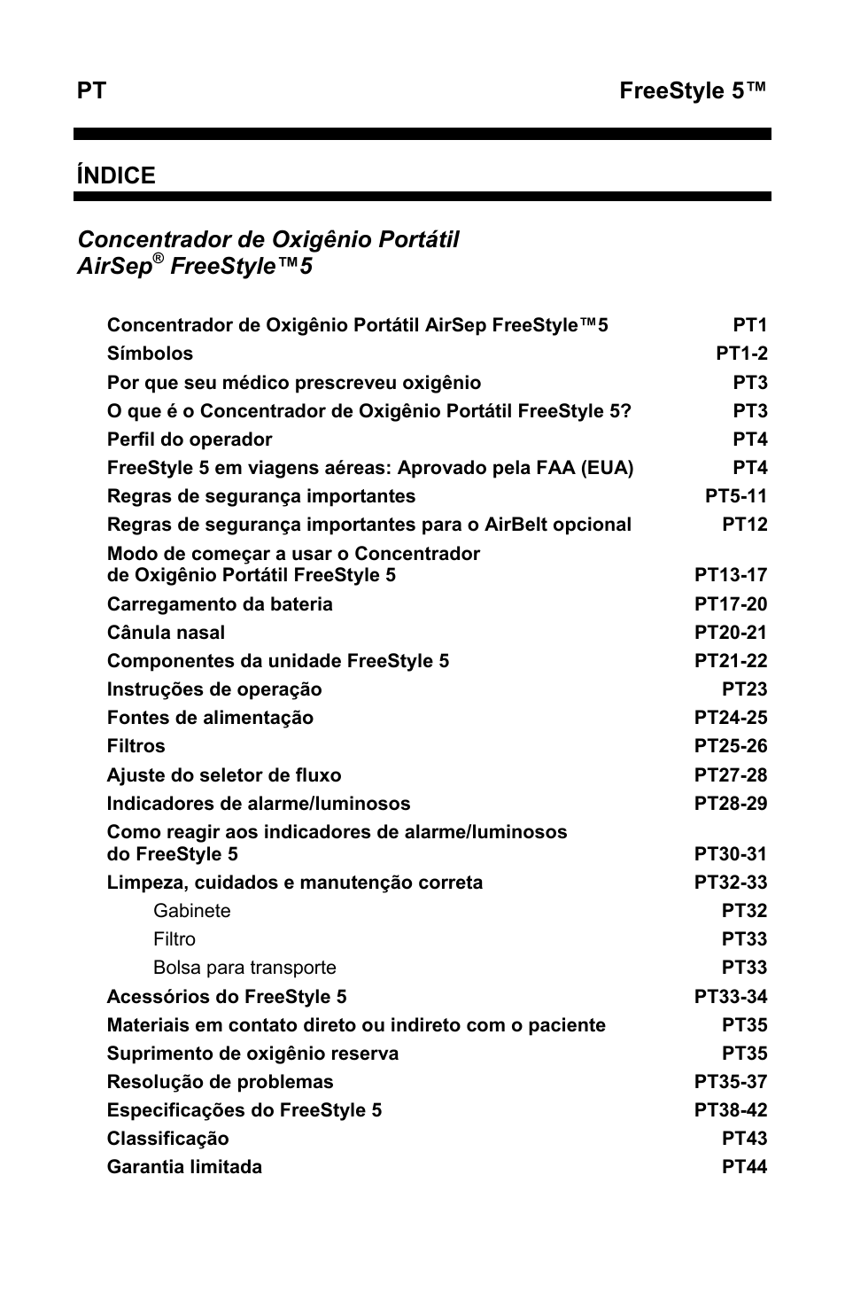 Pt freestyle 5, Índice, Concentrador de oxigênio portátil airsep | Freestyle™5 | AirSep MN167-1 User Manual | Page 336 / 520