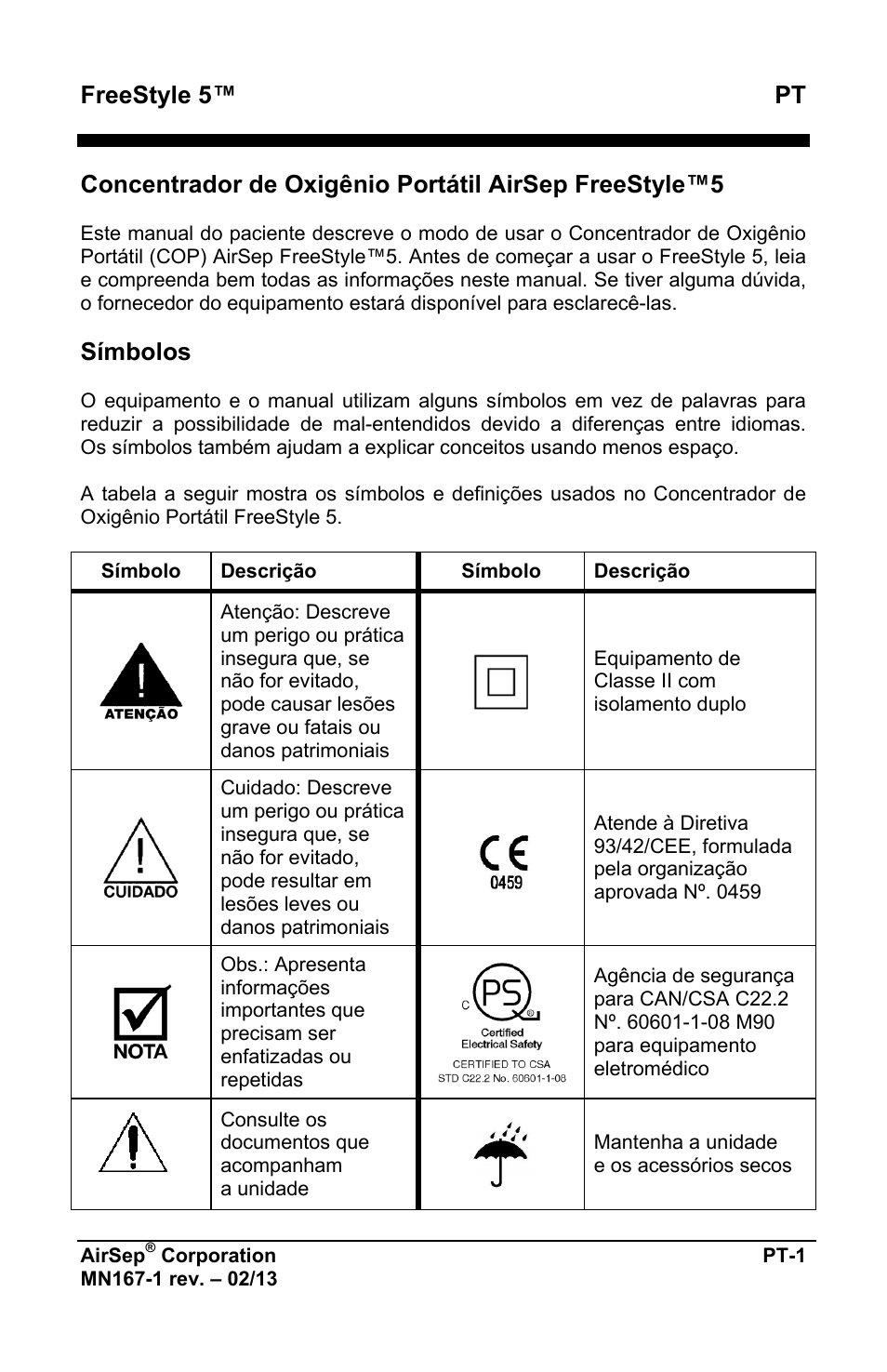 Freestyle 5™ pt, Símbolos | AirSep MN167-1 User Manual | Page 337 / 520