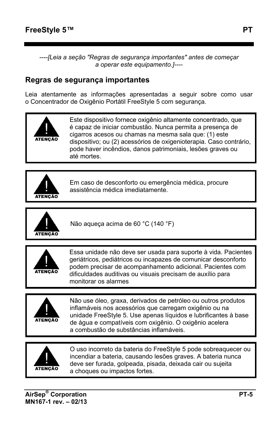 Freestyle 5™ pt, Regras de segurança importantes | AirSep MN167-1 User Manual | Page 341 / 520