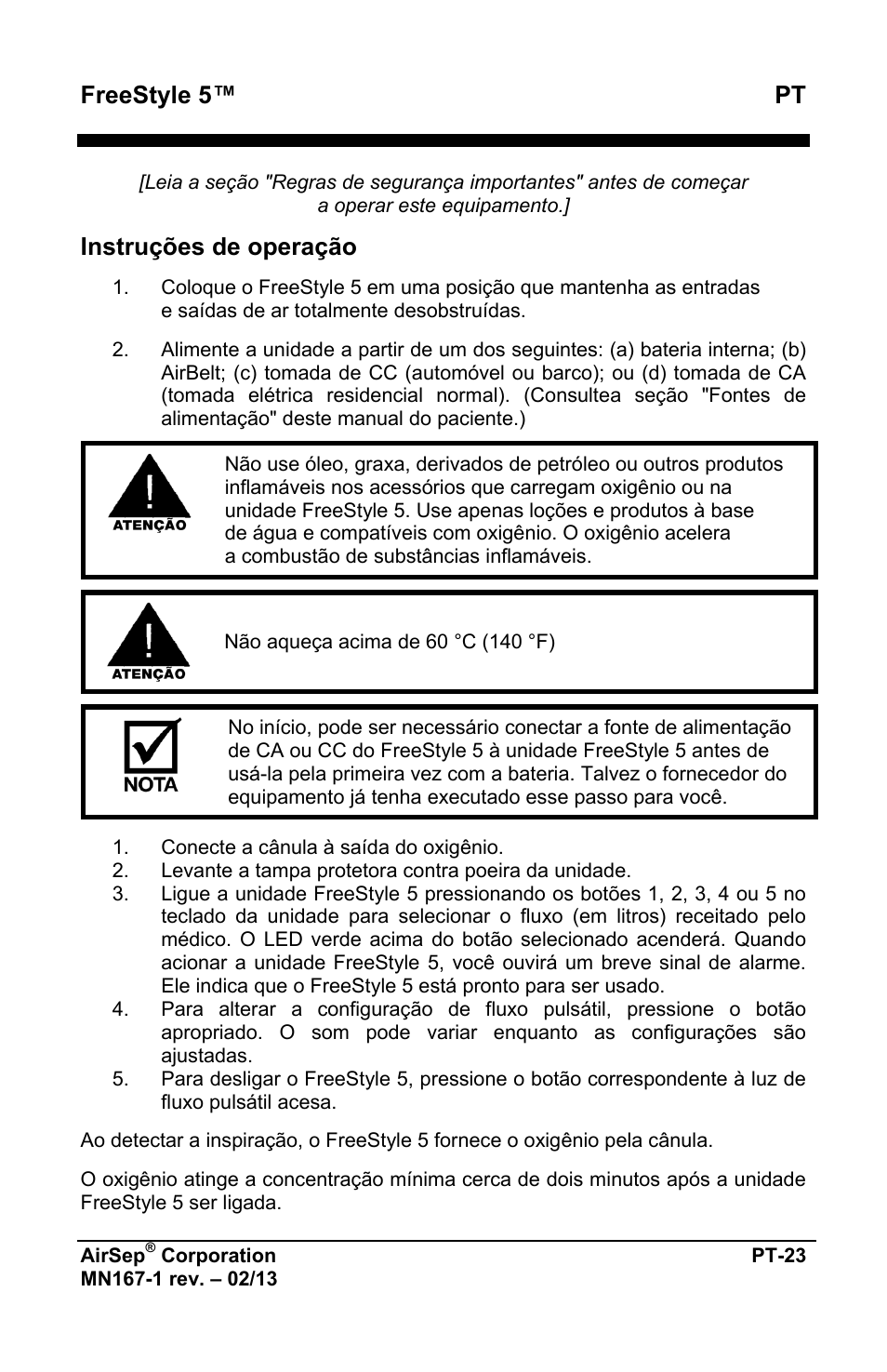 Freestyle 5™ pt, Instruções de operação | AirSep MN167-1 User Manual | Page 359 / 520