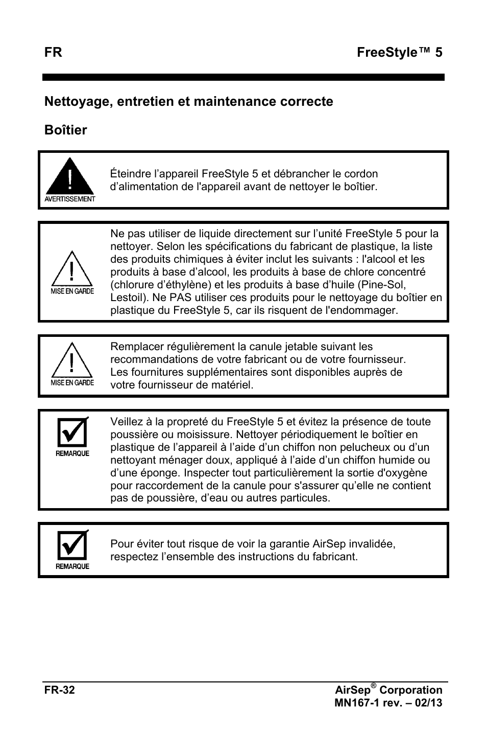 Fr freestyle™ 5, Nettoyage, entretien et maintenance correcte, Boîtier | AirSep MN167-1 User Manual | Page 36 / 520