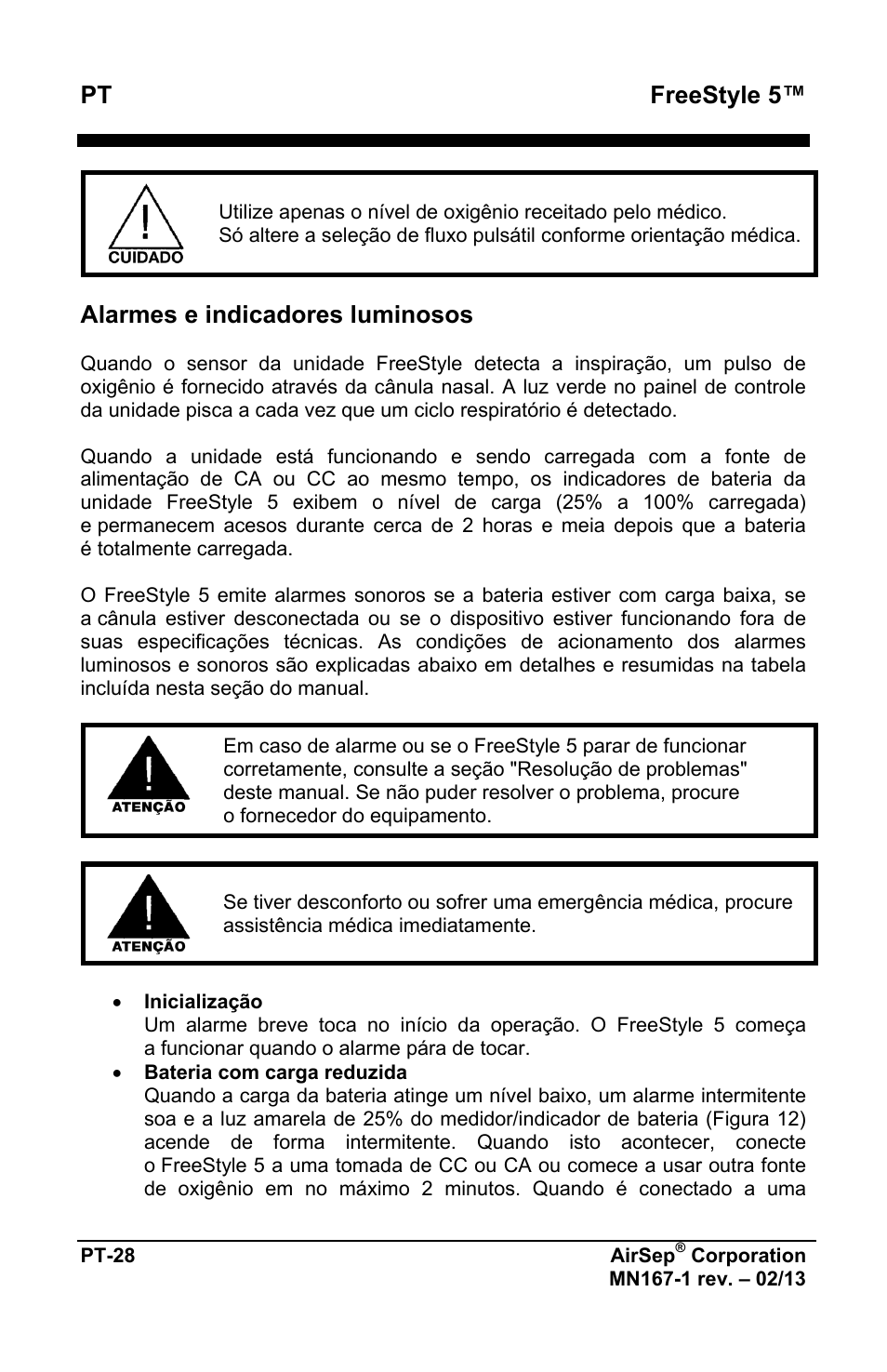 Pt freestyle 5, Alarmes e indicadores luminosos | AirSep MN167-1 User Manual | Page 364 / 520