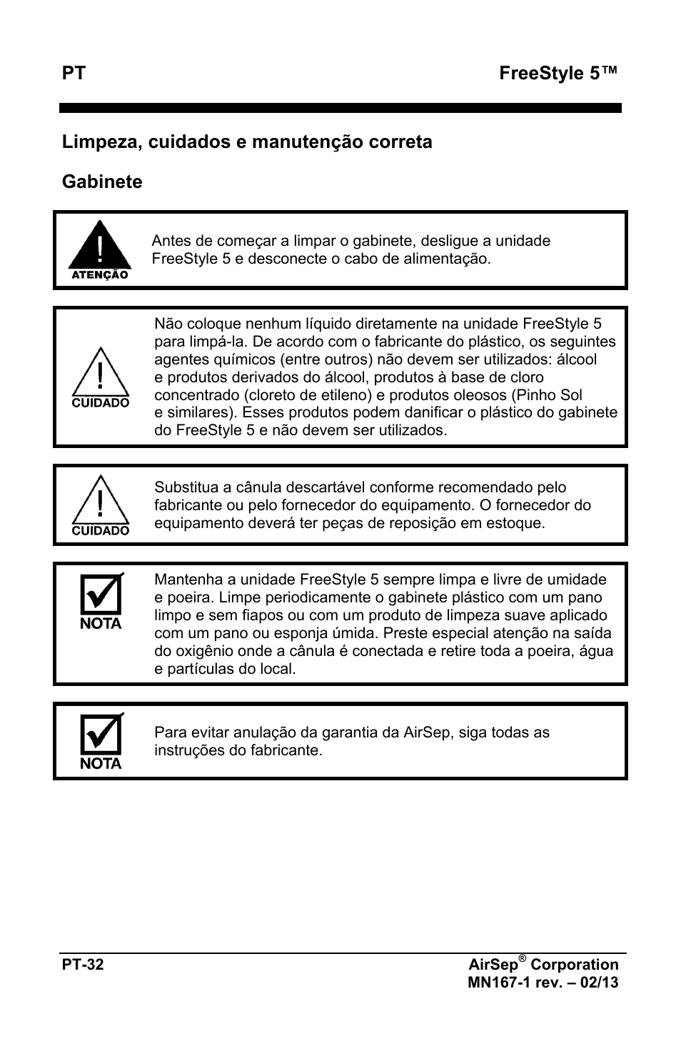 Pt freestyle 5, Limpeza, cuidados e manutenção correta, Gabinete | AirSep MN167-1 User Manual | Page 368 / 520