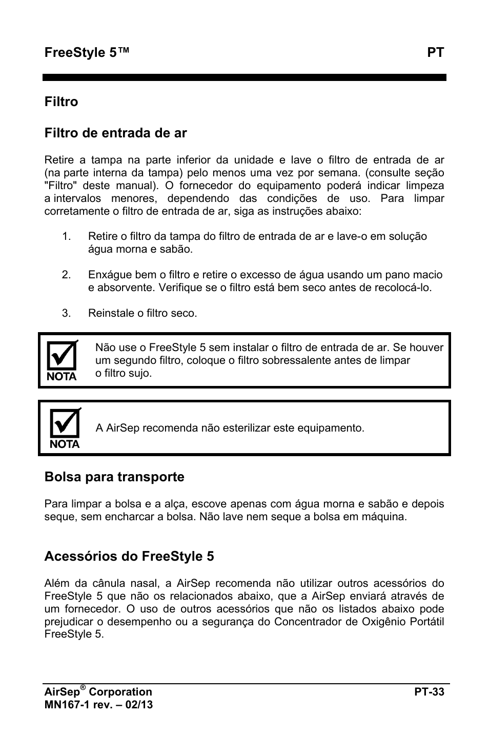 Freestyle 5™ pt, Filtro filtro de entrada de ar, Bolsa para transporte | Acessórios do freestyle 5 | AirSep MN167-1 User Manual | Page 369 / 520