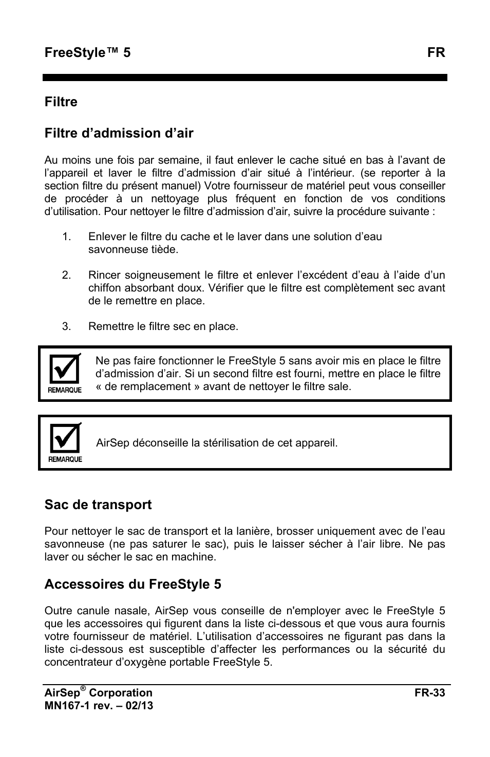 Freestyle™ 5 fr, Filtre filtre d’admission d’air, Sac de transport | Accessoires du freestyle 5 | AirSep MN167-1 User Manual | Page 37 / 520