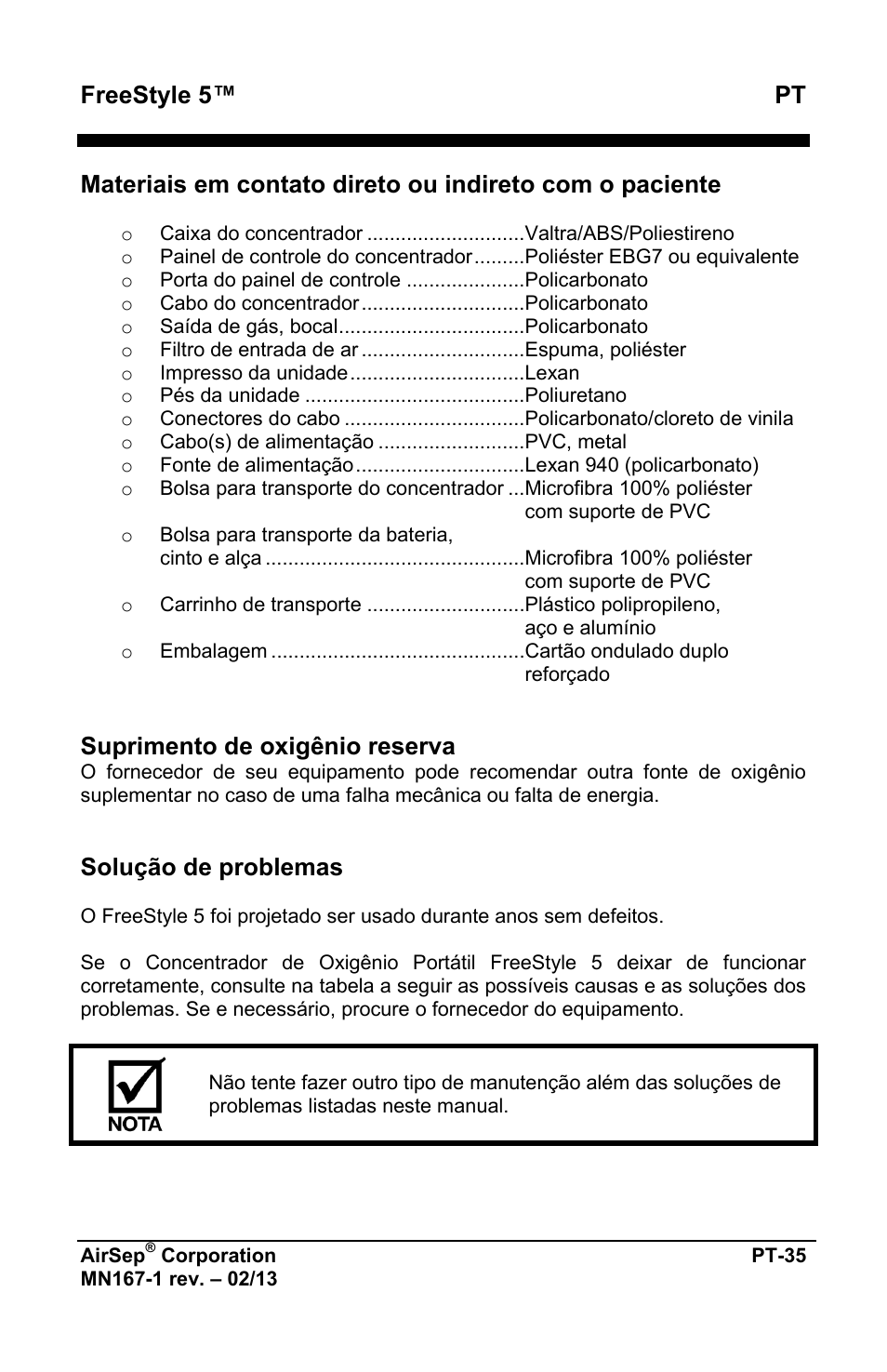 Freestyle 5™ pt, Suprimento de oxigênio reserva, Solução de problemas | AirSep MN167-1 User Manual | Page 371 / 520