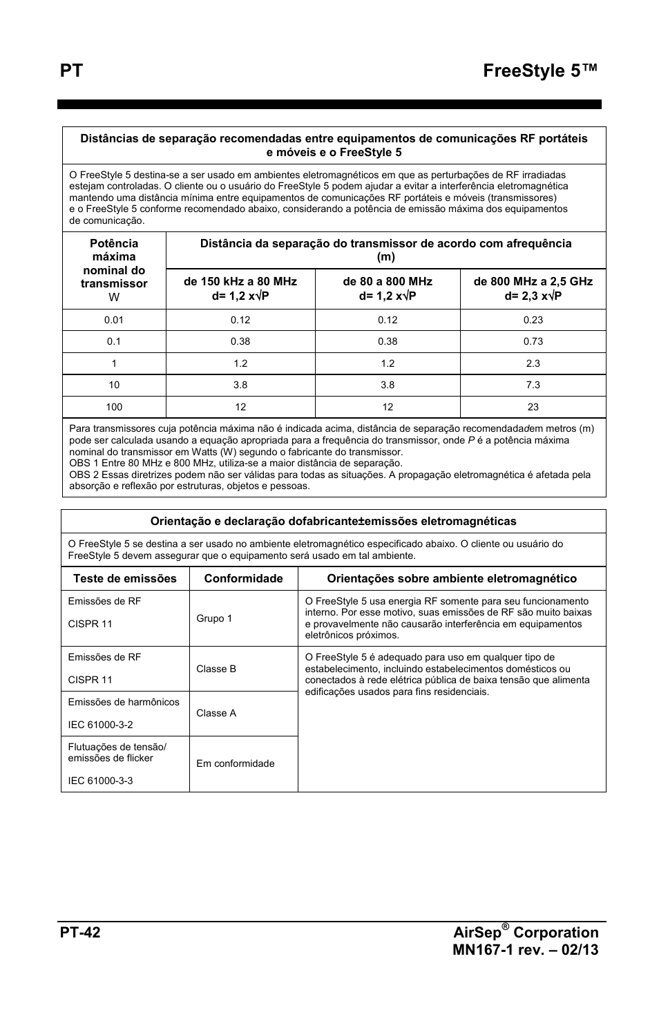 Pt freestyle 5, Pt-42 airsep | AirSep MN167-1 User Manual | Page 378 / 520