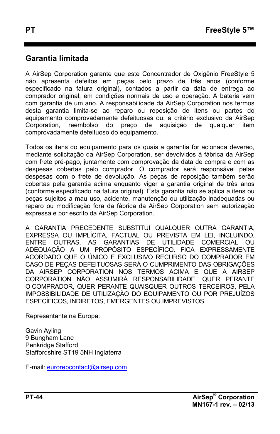 Pt freestyle 5, Garantia limitada | AirSep MN167-1 User Manual | Page 380 / 520