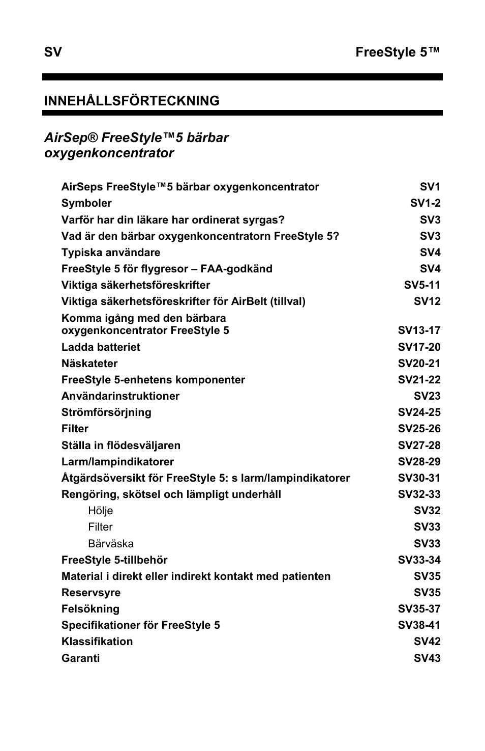 Sv freestyle 5, Innehållsförteckning, Airsep® freestyle™5 bärbar oxygenkoncentrator | AirSep MN167-1 User Manual | Page 382 / 520